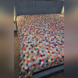 Vintage Handmade Colorful Yo-yo Patchwork Quilt Bedspread King 85.5"x101"
